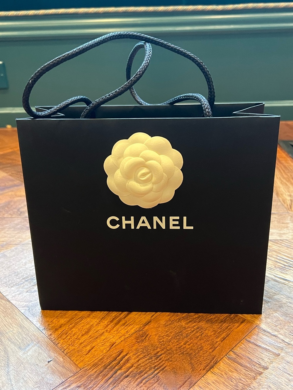CHANEL Black Paper Shopping Bag with Camellia Logo